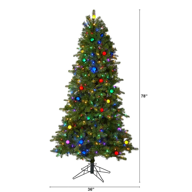 6.5ft. Fir Artificial Christmas Tree with 450 Multi-Color LED Lights, 45 Globe Bulbs & 1042 Branches - Holiday X-Mas Tree