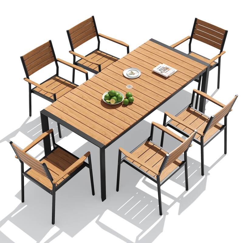 7-Piece Outdoor Patio Dining Set Wood Like Table Top Aluminum Rectangular Umbrella Hole Table with Stackable Armrest Chairs