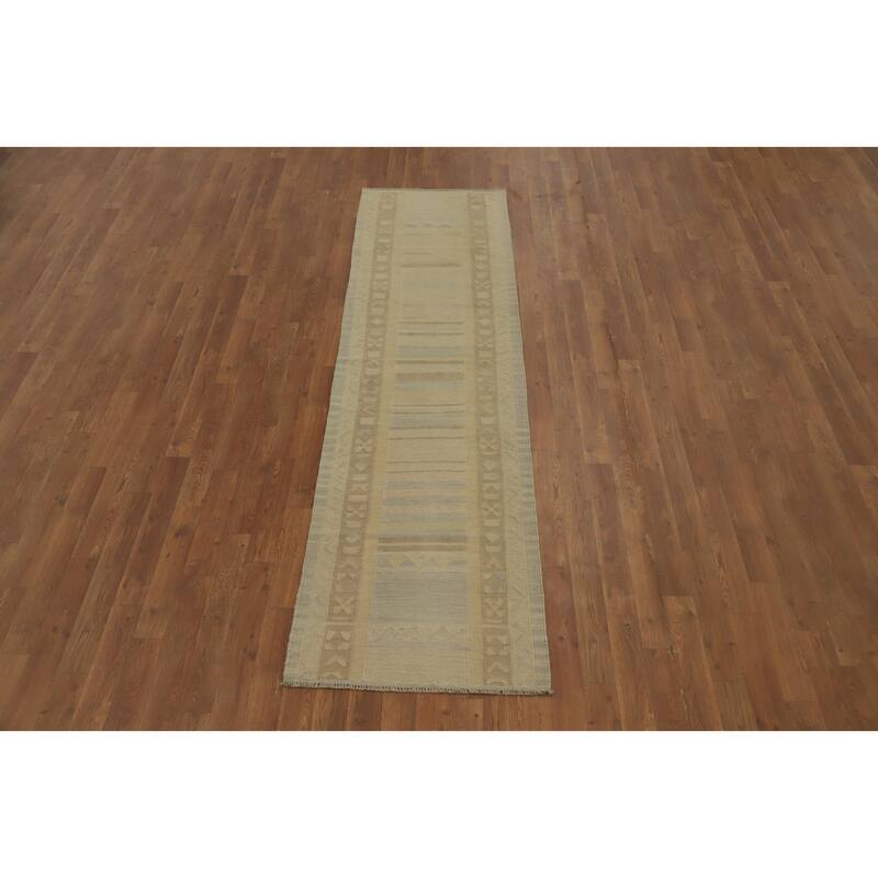 Hand Woven Oriental 100% Wool Carpet Southwestern Tribal Beige & Ivories Kilim Runner Rug - 8' 1'' X 2' 2''
