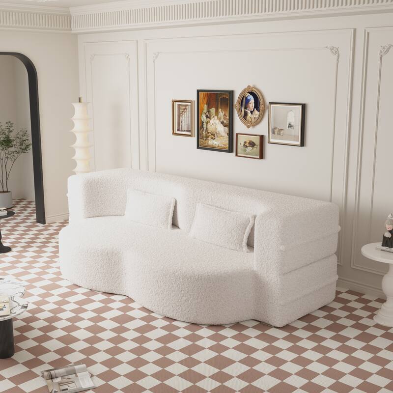 Modern Floor Sofa with 2 Pillows,Convertible Teddy Fabric Foam-Filled Sleeper Sofa Bed,15" Full Size Folding Mattress