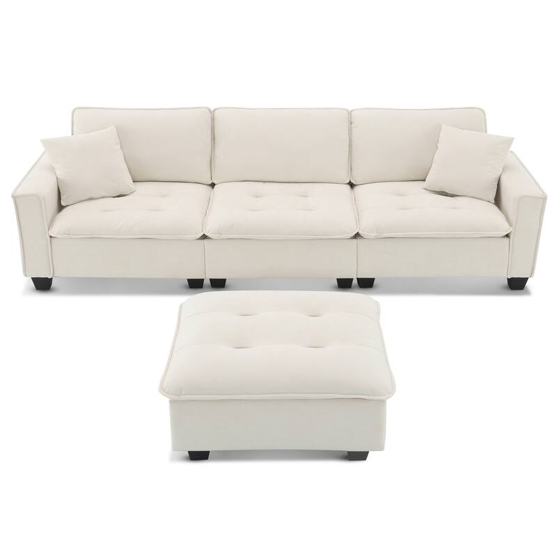 Modern Tufted Sectional Sofa with Luxurious Suede Fabric & Reinforced Legs - 4 Seat Sofa with Ottoman