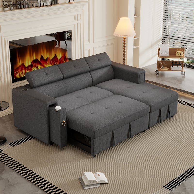 96" L-Shaped 3-Seat Sectional Sofa with Pull-Out Bed, Wireless Charging, Hidden Storage, and Cup Holders