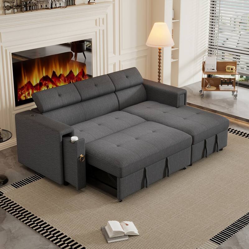 96" Multi-Functional Pull-Out Sofa Bed L-Shape Sectional Sofa with Adjustable Headrest, Wireless Charging, Cup Holders and Hidde