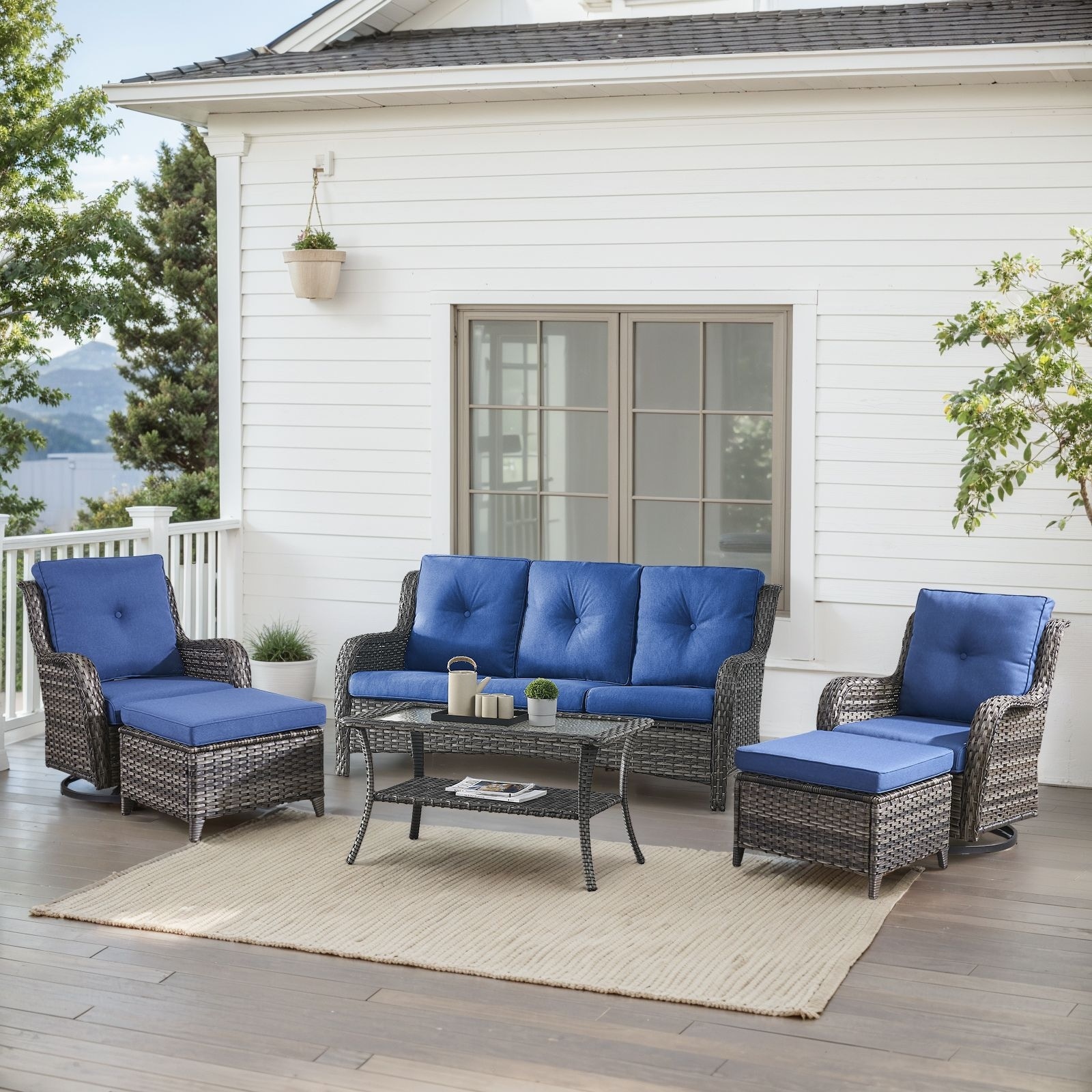 Outdoor Swivel Chairs with Sofa Ottoman Grey-Blue - Grey