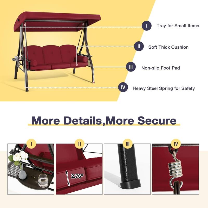 Outdoor 3-Seat Porch Swing with Adjustable Canopy & Cup Holder,Porch Swing Glider Chair, Heavy-Duty Steel Frame