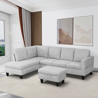 Grey White Flannel Living Room Sofa Set Ottoman - 97
