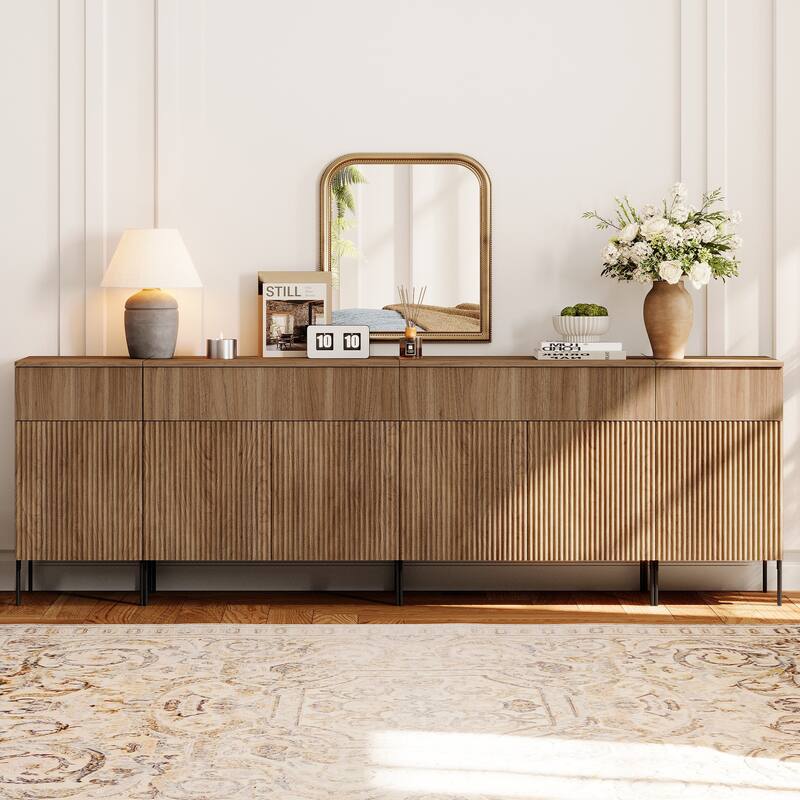 94.5" Wooden Sideboard With Reeded Design, 4-In-1 Modern Credenza With Charging