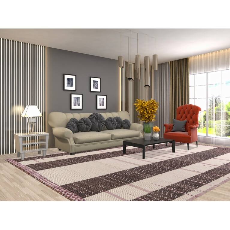 Striped Moroccan Modern Area Rug Handmade Wool Carpet - 8'11"x 12'7"