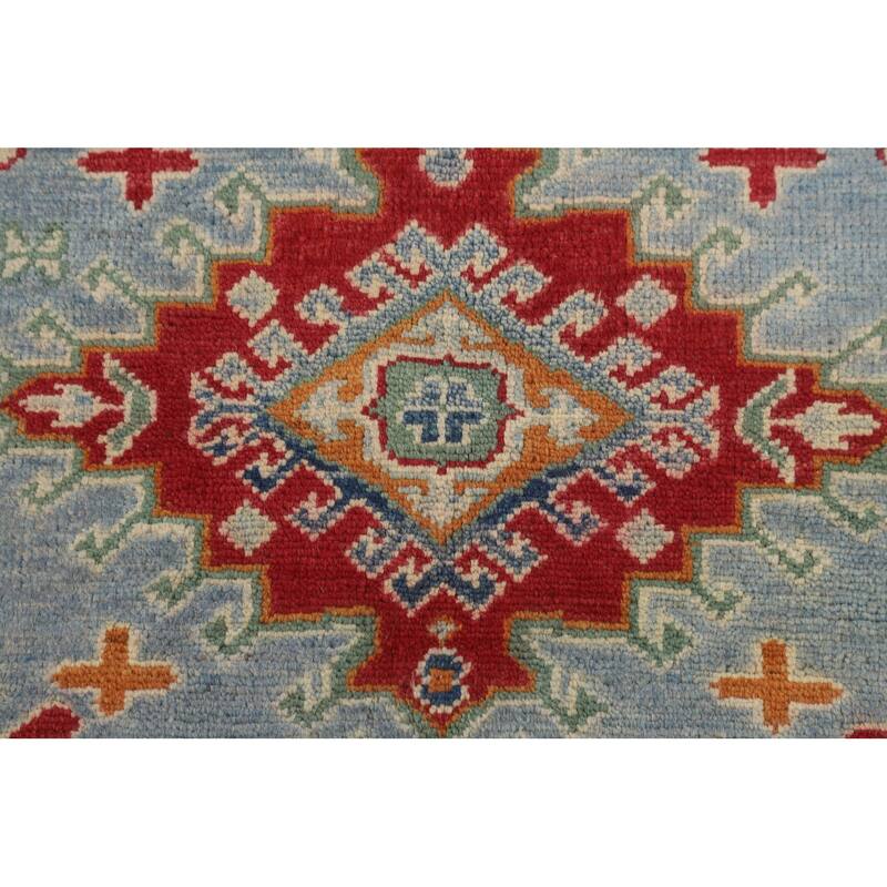 Light Blue Geometric Kazak Rug Living Room Hand-Knotted Wool Carpet - 5'0" x 6'7"