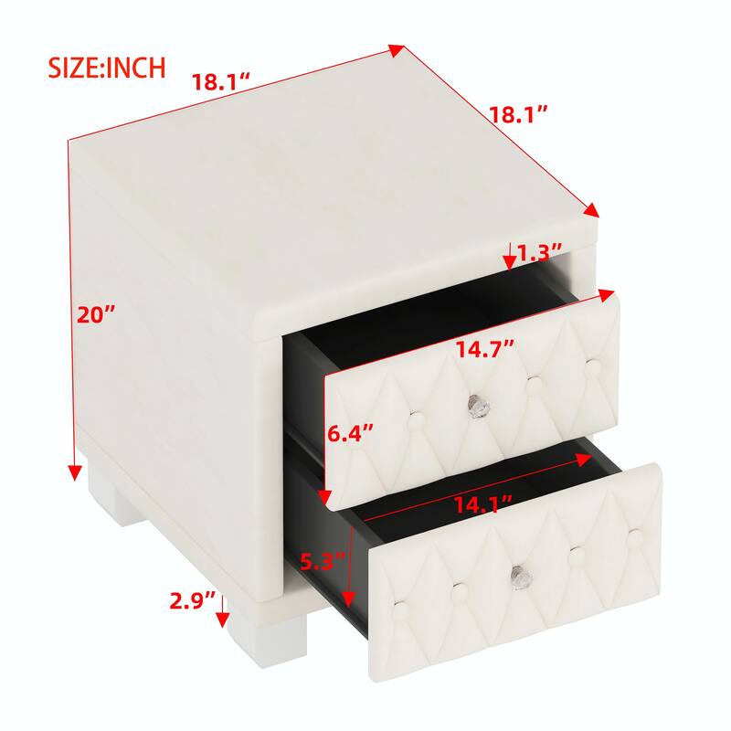 Velvet Nightstand with 2 Drawers and Crystal Handles