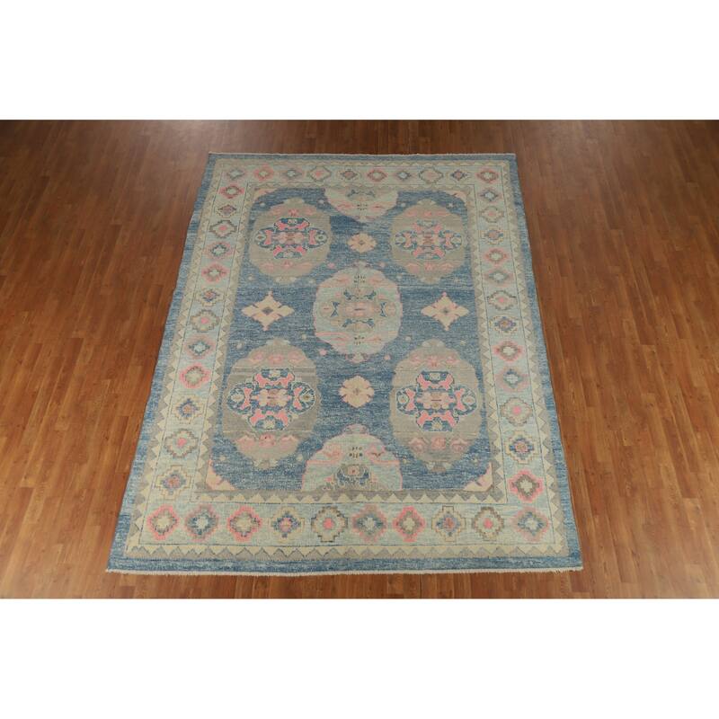 Hand Knotted Oriental 100% Wool Carpet Transitional Geometric Navy Blue & Blues Oushak Area Rug - 10' 7'' X 7' 11''