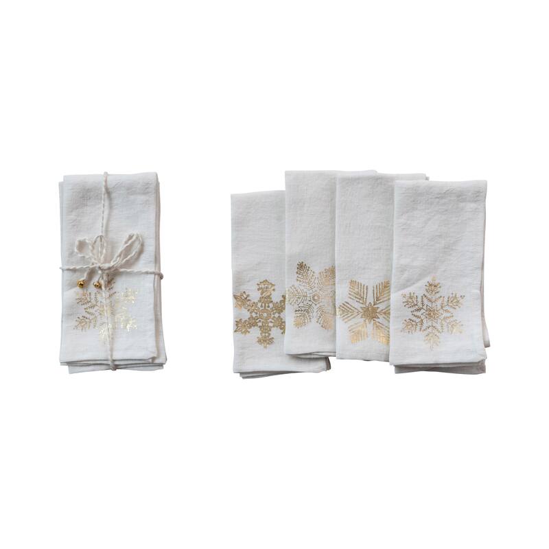 Linen Snowflake Napkins with Cotton Rope and Bells, Set of 4