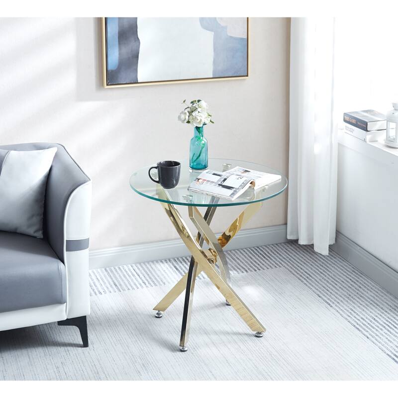 Modern Round Tempered Glass End Table with Stainless Steel Legs - Gold