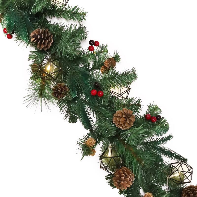 6ft Artificial Mixed Berry Pine Cone & Pine Christmas Garland with Geometric Octagon String Light Set - 72" L x 9" W x 6" DP