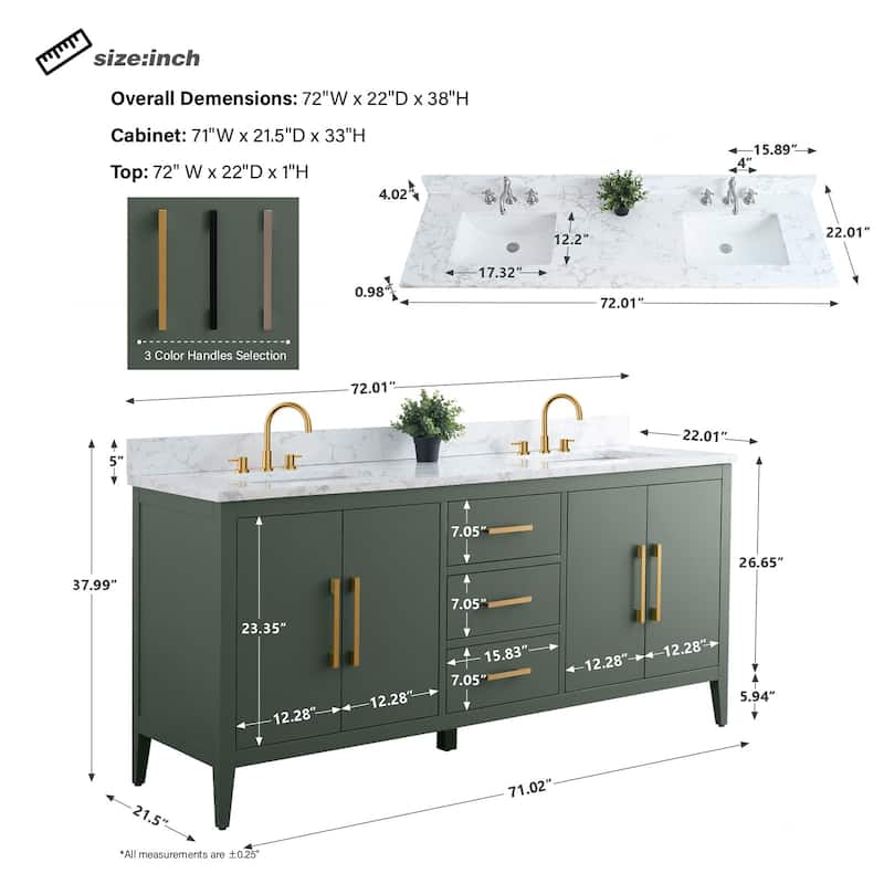 Vanity Art 72" Double Sink Bathroom Vanity Cabinet with Engineered Marble Top