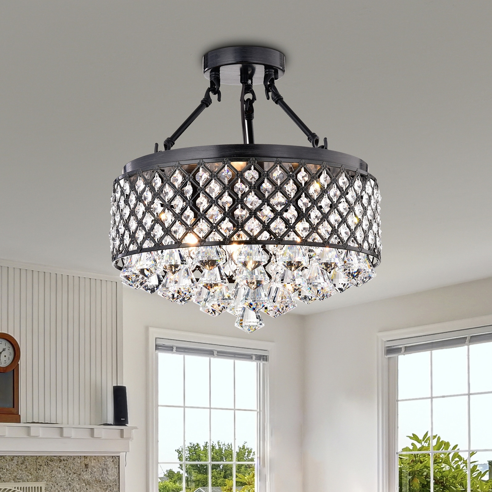 Antique Black 4-Light Beaded Drum Crystal Semi Flush Mount