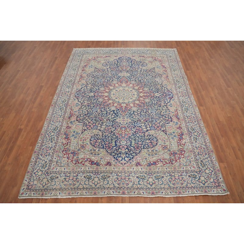 Hand Knotted Oriental 100% Wool Carpet Traditional Floral Navy Blue & Blues Kerman Area Rug - 10' 9'' X 7' 11''