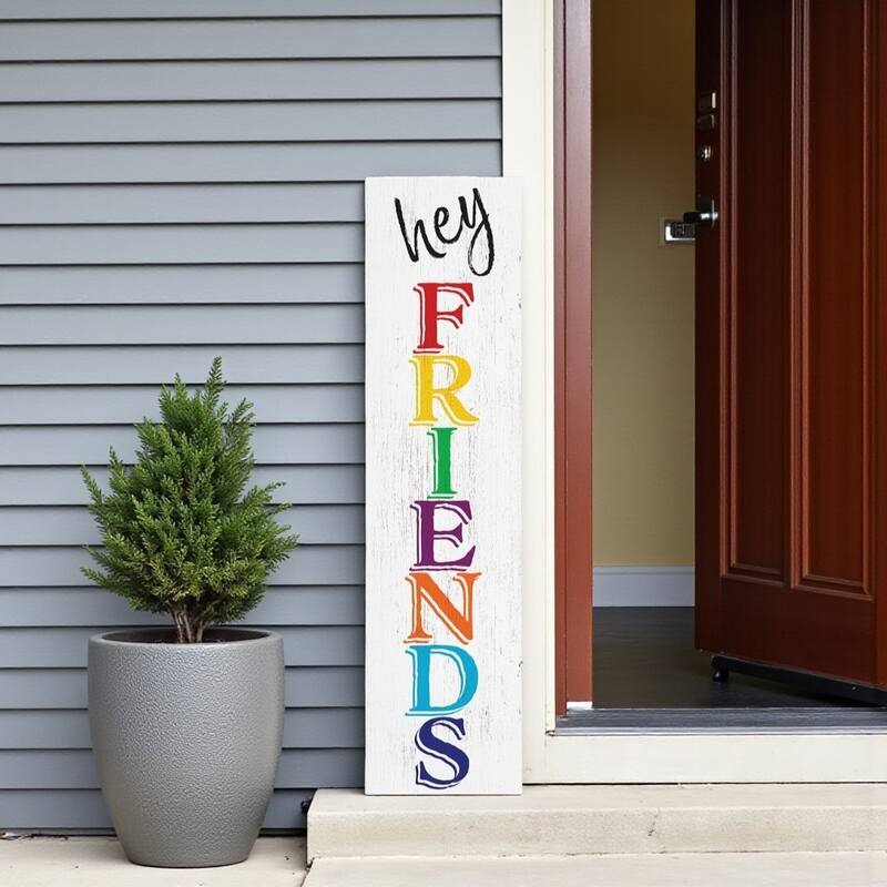 HomeRoots 36" White And Red Solid Wood Hey Friends Porch Sign - White/Red - Wood