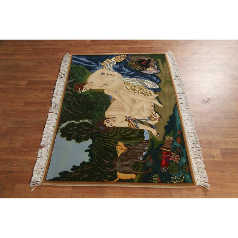 Hand Knotted Oriental 100% Wool Carpet Traditional Pictorial Multi-Colored Tabriz Area Rug - 4' 3'' X 3' 2''