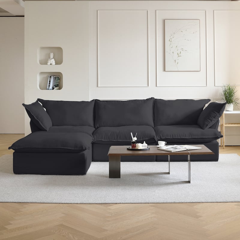 123'' Upholstered Sectional Sofa Minimalist Velvet Couch - Black