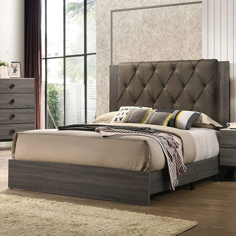 Queen Size Rubberwood Tufted Platform Bed Frame with Upholstered Headboard - Gray