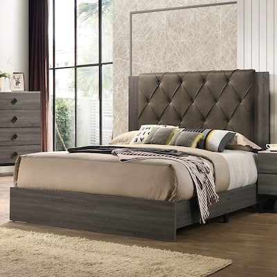 Queen Size Rubberwood Tufted Platform Bed Frame with Upholstered Headboard