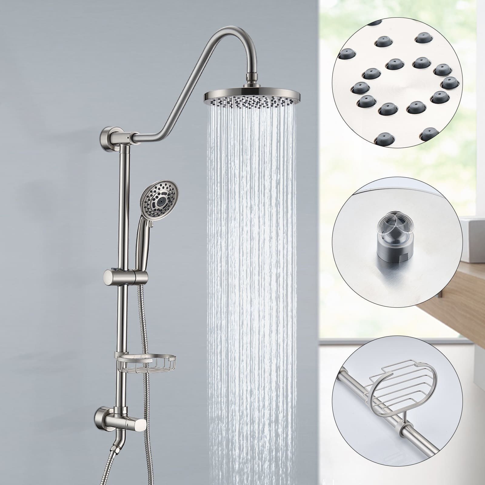 Wall-mounted complete shower system with soap dish (not including