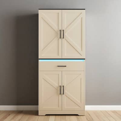Modern Pantry Storage Cabinet with LED Lights, Drawer, 6 Shelves & 8 Door Racks - Wood Cabinet for Entryway or Office