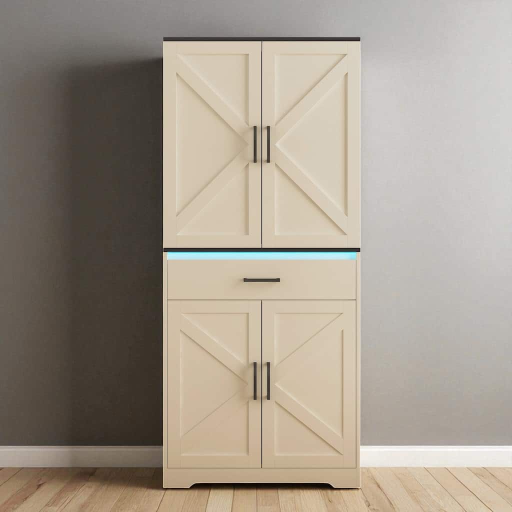 Modern Pantry Storage Cabinet with LED Lights, Drawer, 6 Shelves & 8 Door Racks - Wood Cabinet for Entryway or Office
