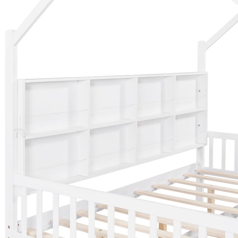 Full Size Wooden House Bed with Trundle and Shelf for Kids, White