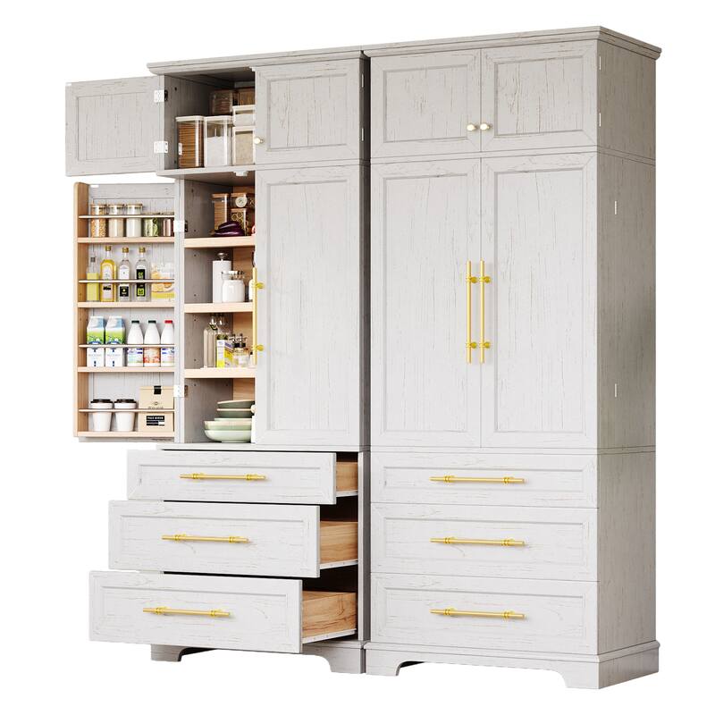 Freestanding Pantry Cabinet, Tall Storage Cupboard with 8 Door Shelves, 3 Adjustable Shelves, 3 Large Drawers, Kitchen Hutch