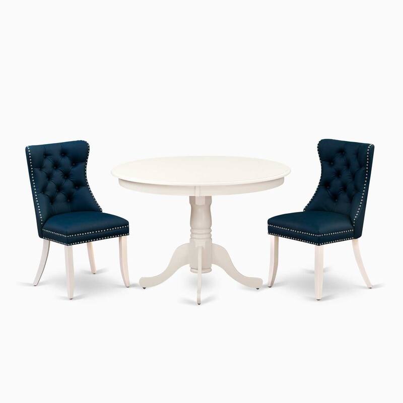3-Piece Linen White Finish Solid Wood Top-Round Upholstered Dining Room Set-Seats 4
