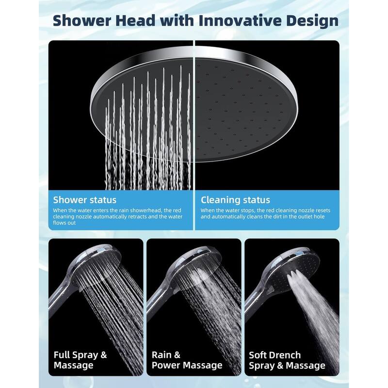 Self-cleaning 10" High Pressure Rainfall Shower head with Hand Spray