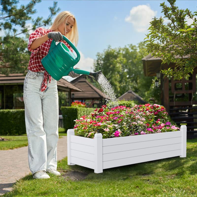 Outdoor Rectangle Planter Box, Low Height Resin Garden Bed with Wood Fence Style Design for Bal