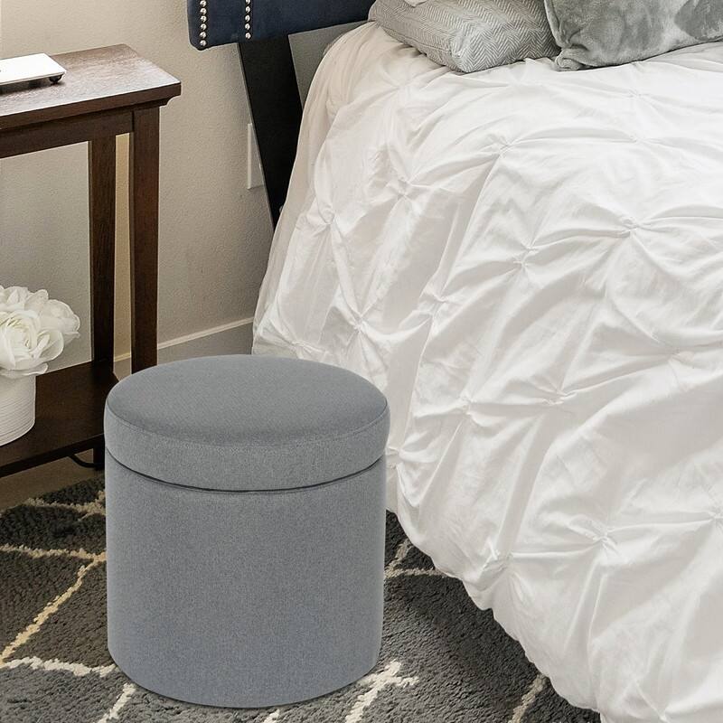 Adeco Round Storage Ottoman, Fabric Stool Footrest with Removable Lid