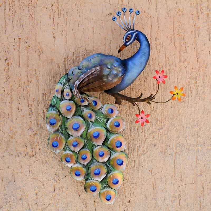 Steel wall sculpture, 'Peacock and Flowers'