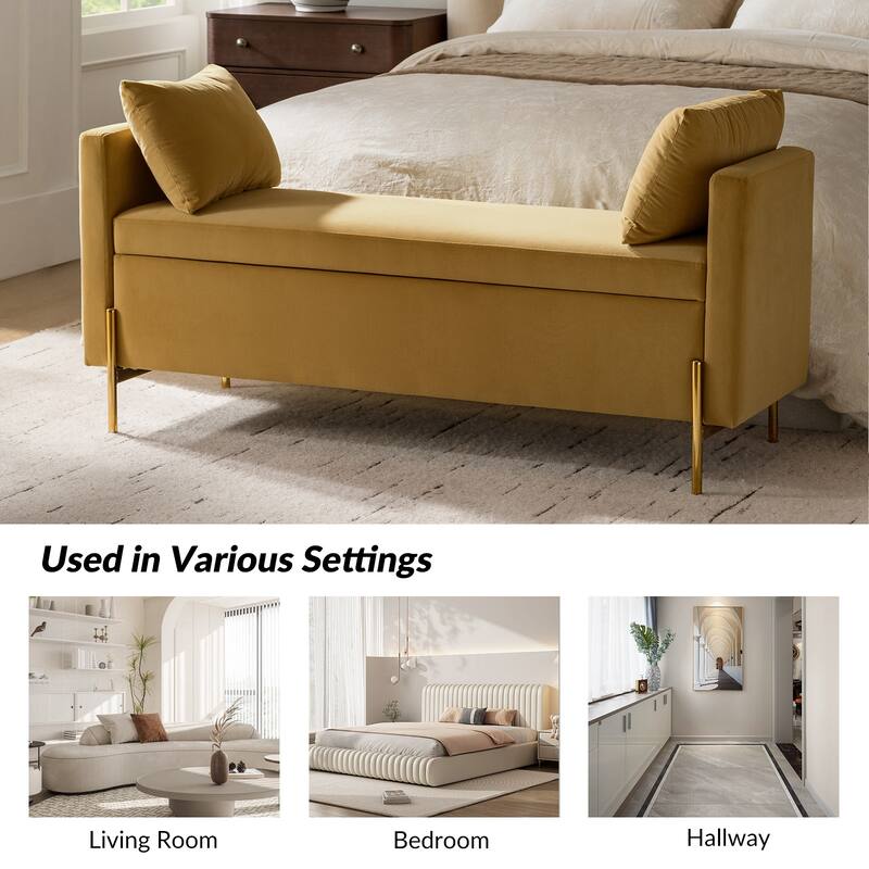 Angelus Modern 56''W Upholstered Flip Top Storage Bench withTwo Pillows and Arms by HULALA HOME