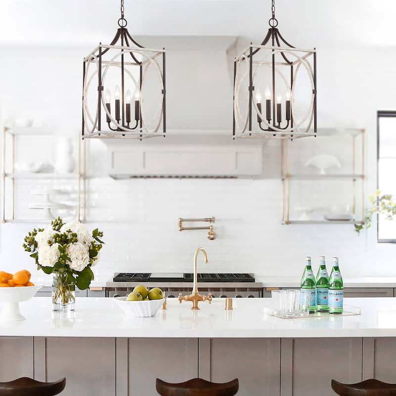 Farmhouse 4-Light Lantern Chandelier Rustic Pendant for Kitchen Island