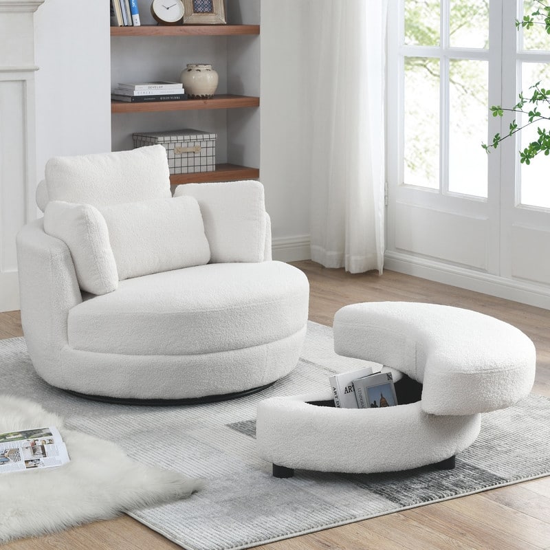 Circle Swivel Chair with Moon Storage Ottoman and 4 Pillows - White
