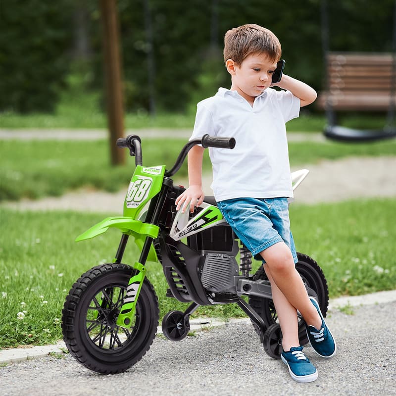 Kids Dirt Bike 12V Electric Motorcycle with Training Wheels, Ride on Car Green Battery Powered Electric Car