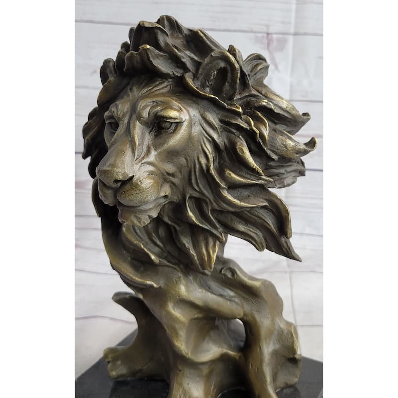 Male Lion Abstract Modern Bust Statue Sculpture Bronze Metal On Marble 12 Inches X 7 Inches