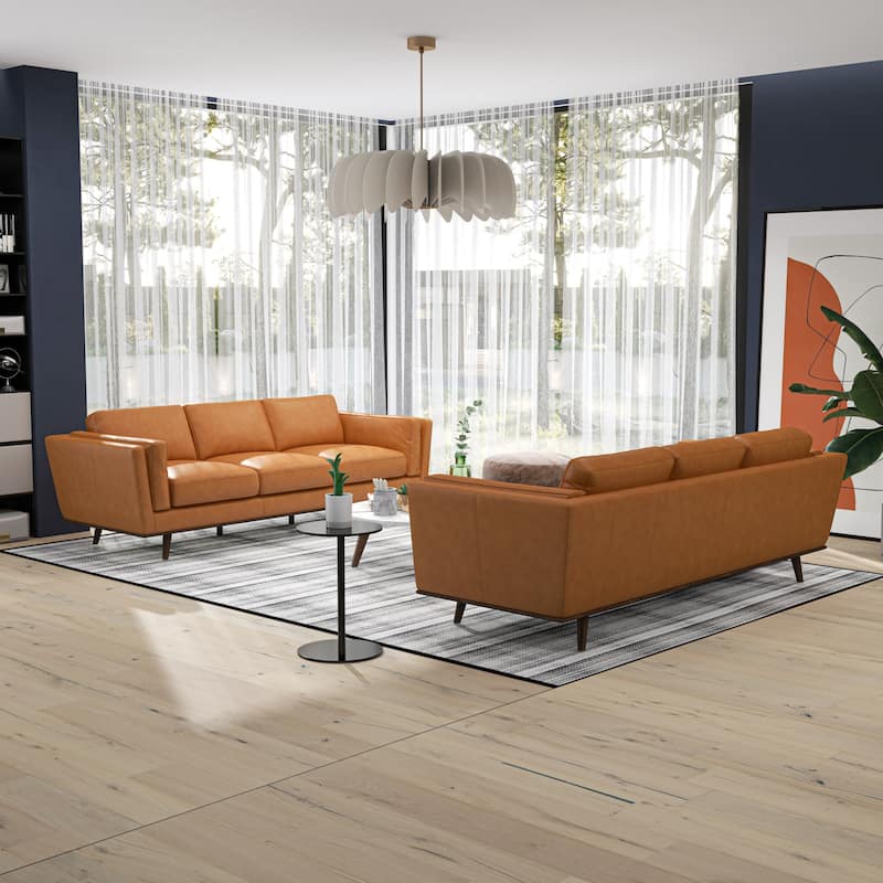 Florencia Mid Century Pillow Back Leather Sofa Set in Tan