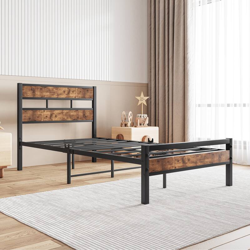 Twin Size Platform Bed Frame with Rustic Wood Headboard, Strong Metal Slats, No Box Spring Needed