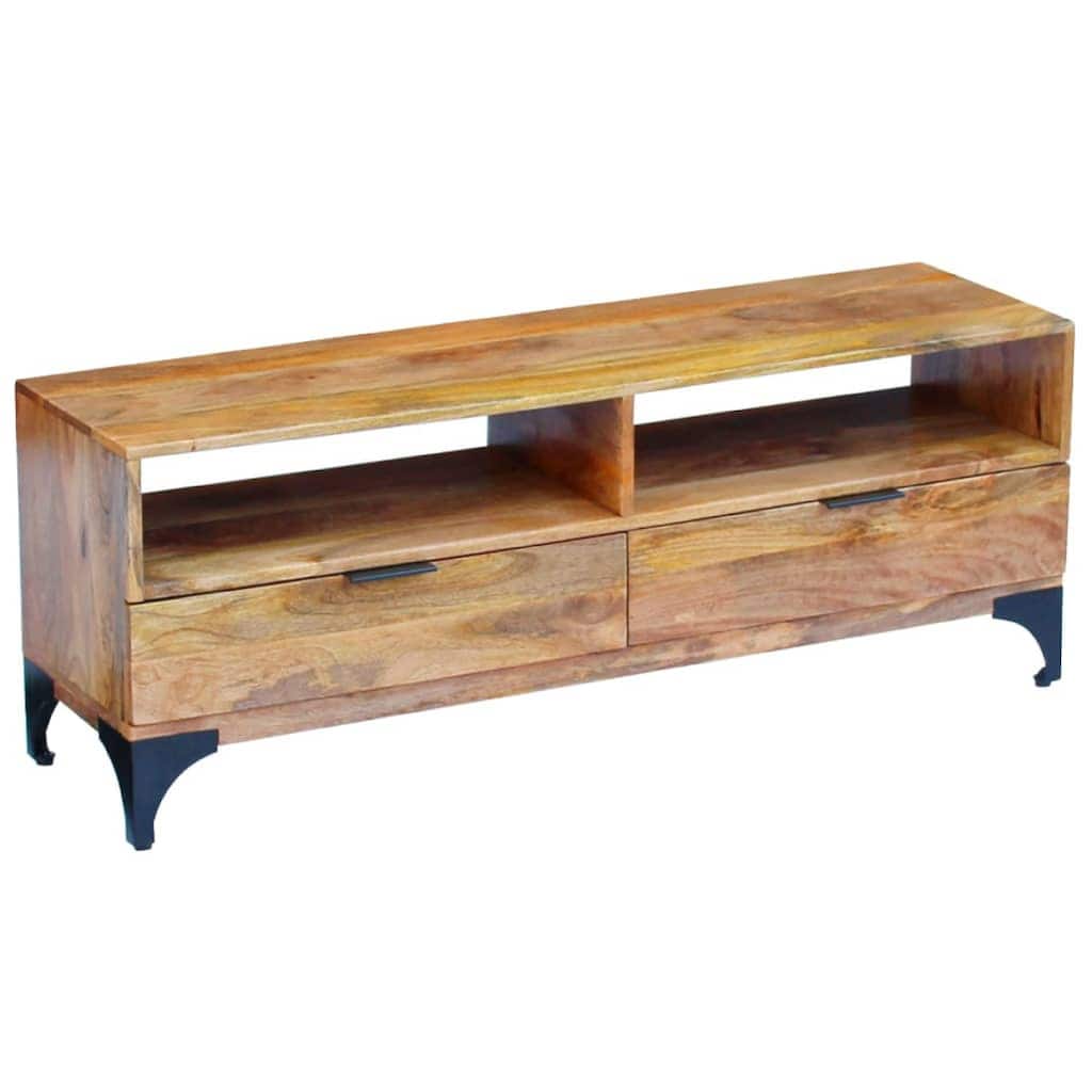TV Stand, Brown Mango Wood, 2 Shelves and 2 Drawers, 47 Inch