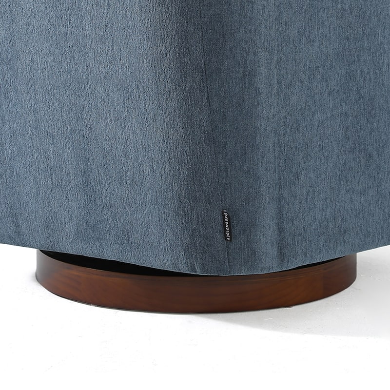 Upholstered Swivel Barrel Chair with Curved Wood Arms