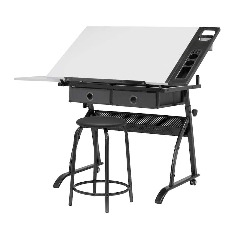 Core Craft Center, 2 piece Drawing, Drafting and Craft Table with Stool, Gunmetal-Gray/White