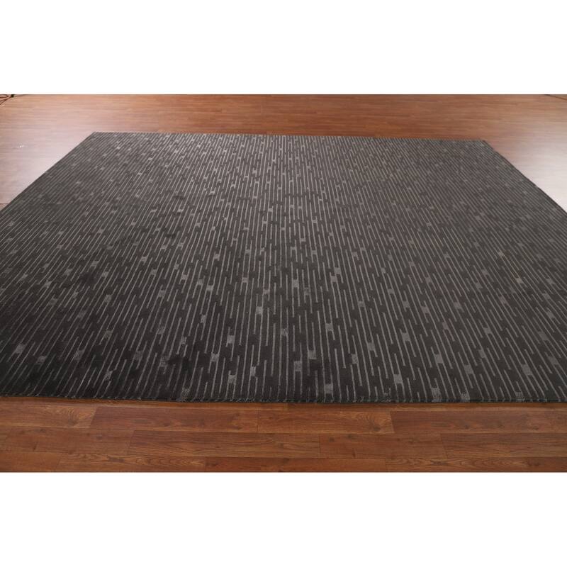 Striped Black Nepalese Indian Area Rug Hand-Knotted Wool Carpet - 9'0" x 11'8"