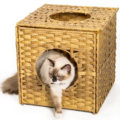 Rattan Cat Nest House Cat Bed with Rattan Ball and Cushion