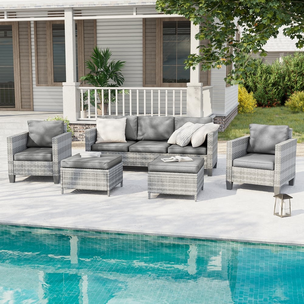 BONOSUKI 5-Piece Patio Sofa Sets Grey Rattan Outdoor Furniture Set