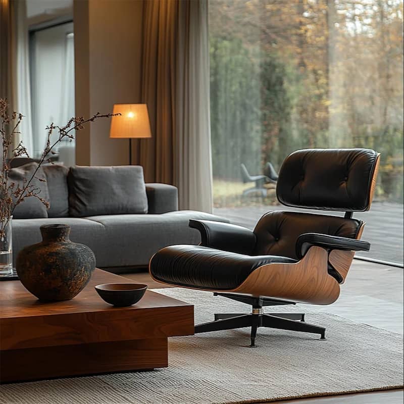 Furgle Genuine Leather Accent Lounge Chair and Ottoman Walnut Wood